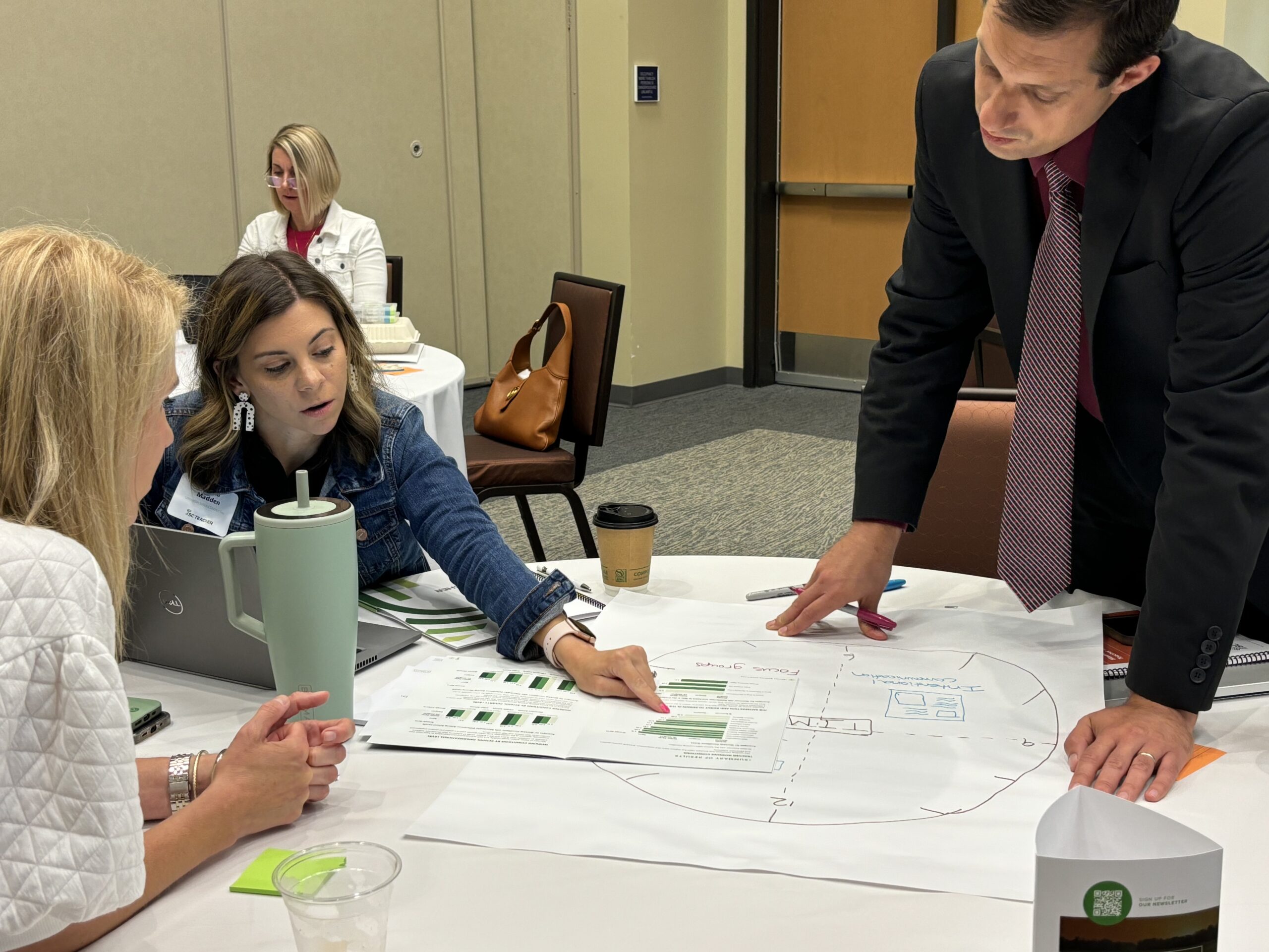 Three educators sit at a round table over looking a planning document for onboarding with intention. The table cloth is white. There are two women sitting, one is pointing to a white and green chart on the table. A man is standing overlooking the chart.