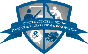 A blue and grey crest for the EPI center. In the upper left quadrant a person points to a chalkboard. In the upper right, a person climbs stairs. In the lower left quadrant, a head is shown with gears in different sizes. In the bottom left quadrant, two hands shake. The words Center of Excellence for Educator Preparation and Innovation are written across the crest in white text.